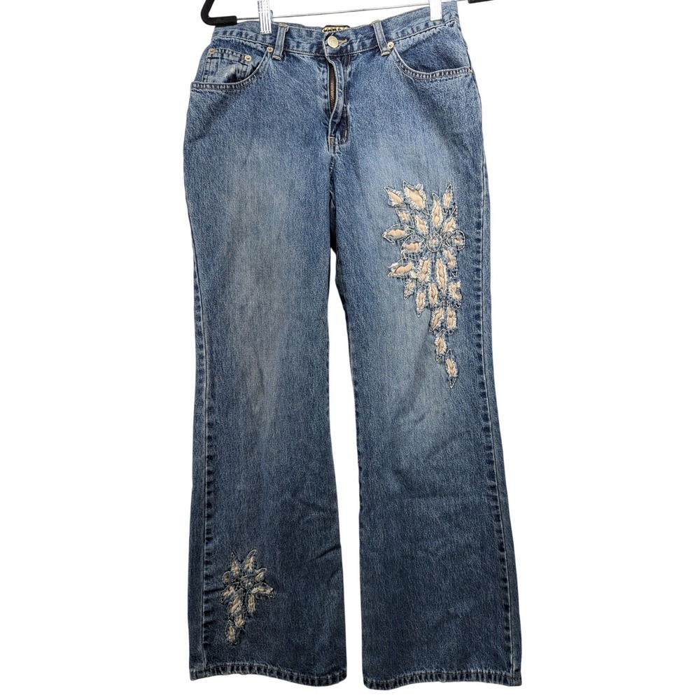 Forenza Vintage 90s High Waisted Wide Leg Jeans Lace Applique Blue Cotton Size 8